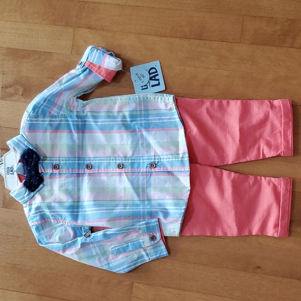 L.A. Kid Boys Coral & Pastel Stripe Matching Set with Bow Tie